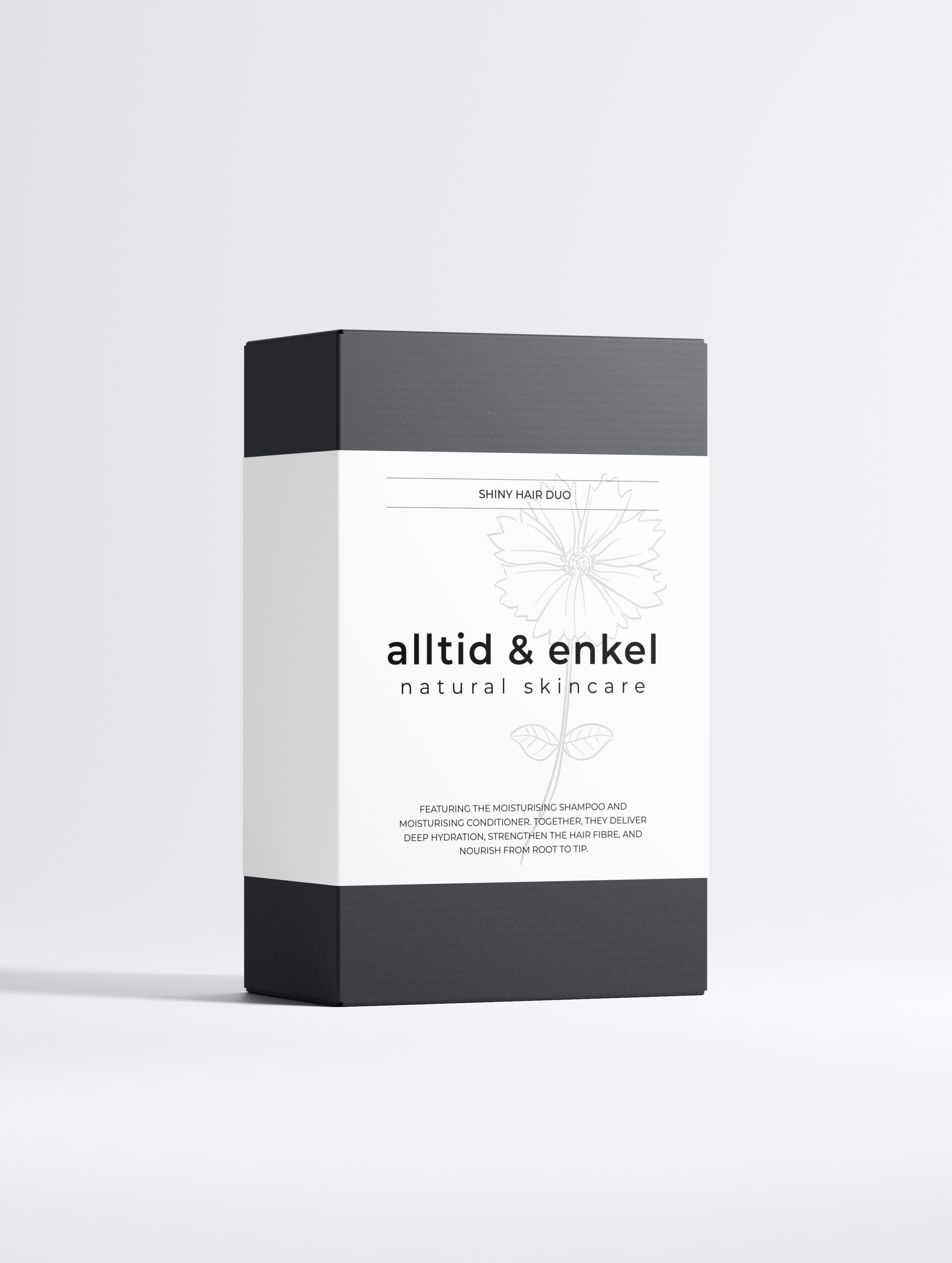 Box of moisturising shampoo and conditioner collection on a white background from the front side.